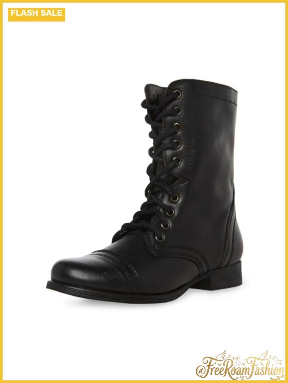 Distressed Leather Combat Boot Lace-Up Mid-Calf Heel